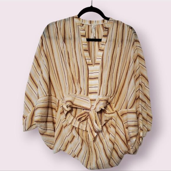 ANTHROPOLOGIE Striped Gauzy Blouse Tie Front Back Smock Hem Oversized Size XS - Picture 1 of 4